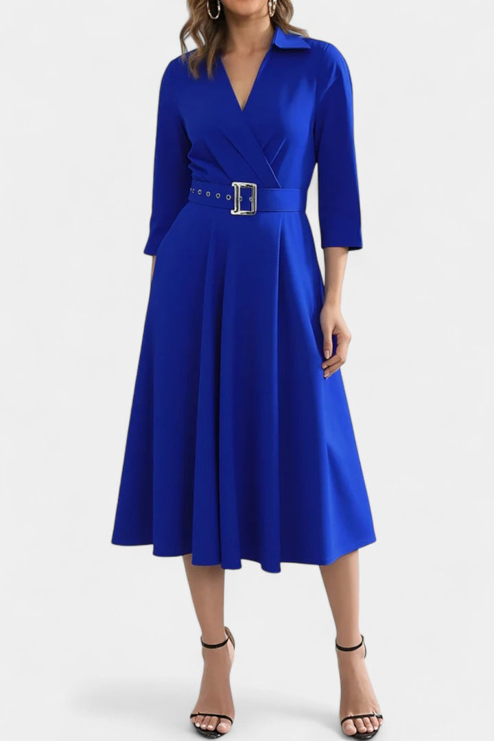 Constance Tailored Collar Midi Dress with 3/4 Sleeves and Belt