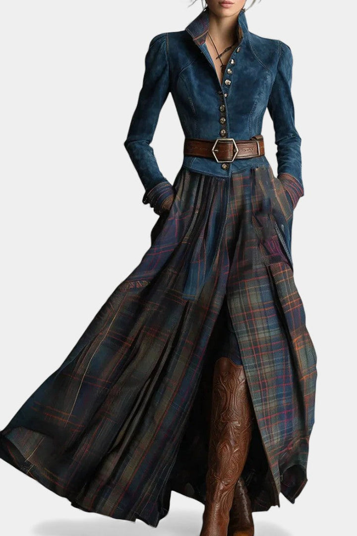 Retro Ethnic Style Liza Maxi Dress in Checkered Suede