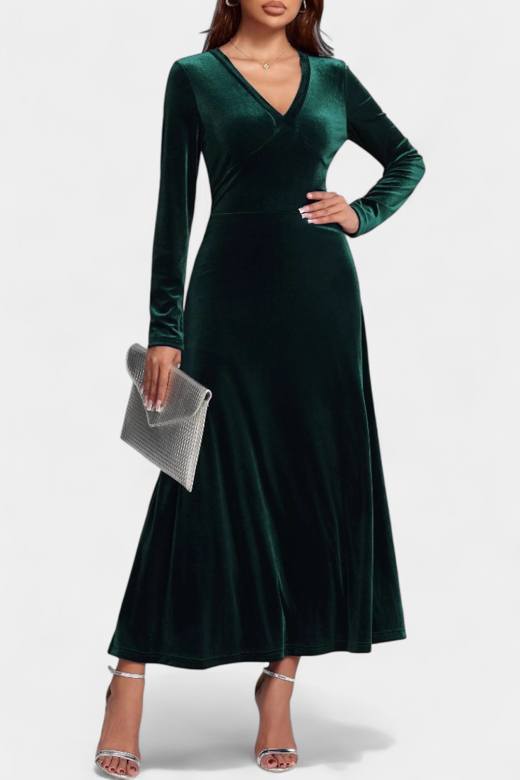 Alizée V-Neck Long Velvet Dress with Flared Silhouette