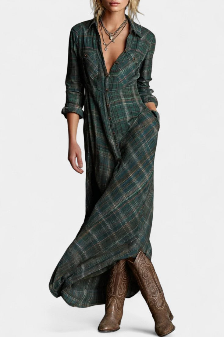 Amanita Green Check Maxi Dress with Structured Lapel