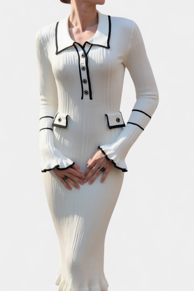 Jamila Polo Collar Knit Dress with Chic Ruffles