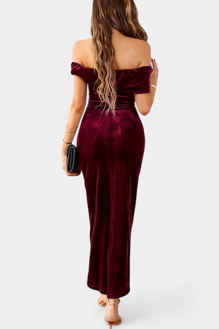 Geneviève Off-Shoulder Midi Velvet Dress with Side Slit