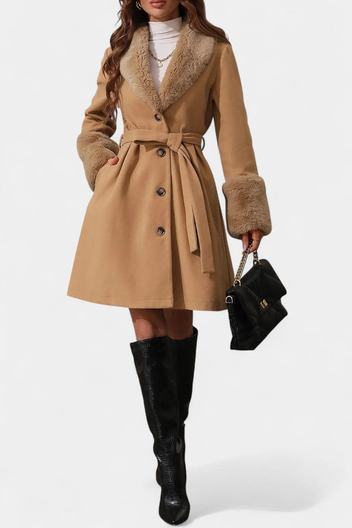 Colombine Trapeze Coat with Belt and Faux Fur Accents
