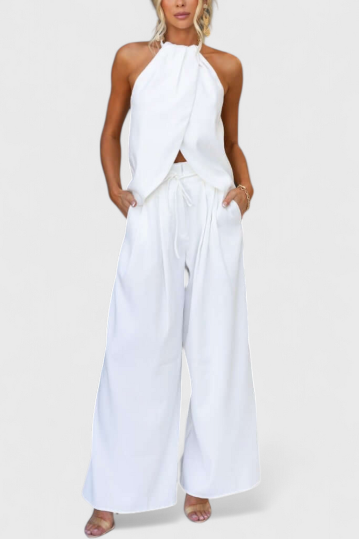 Bernadina Linen Ensemble: Front Neckline Top with Wide Leg Pants
