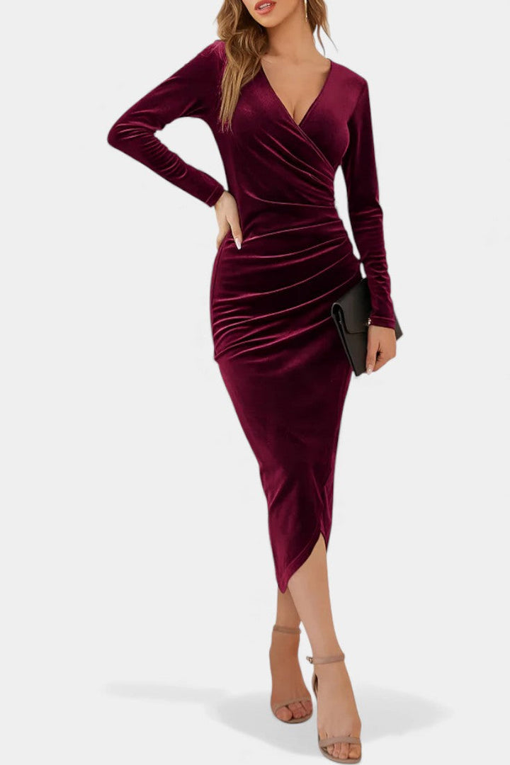 Gathered Velvet Midi Cocktail Dress by Kenza