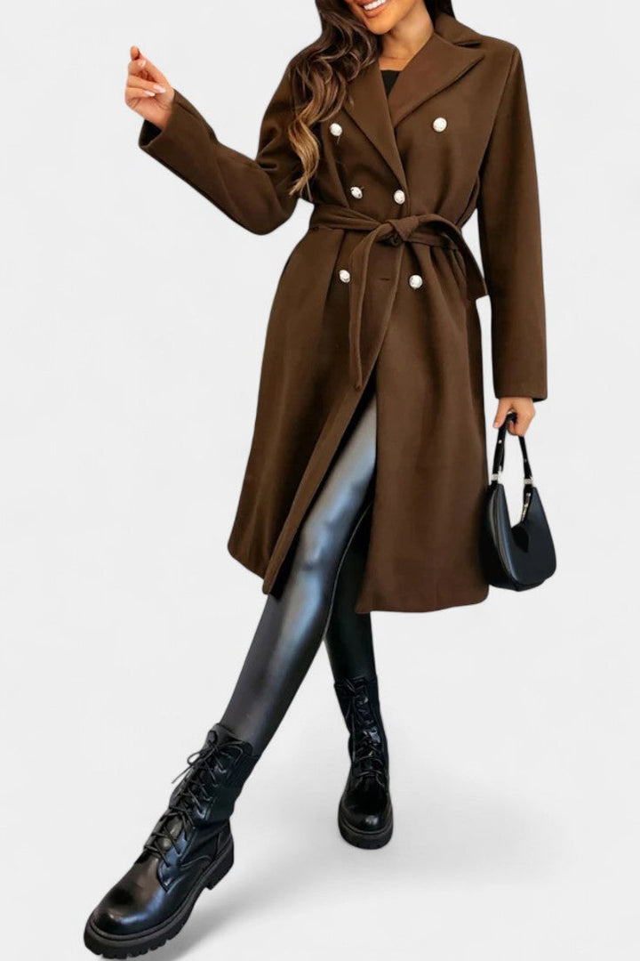 Miguelle Double-Breasted Coat Featuring a Tie Belt