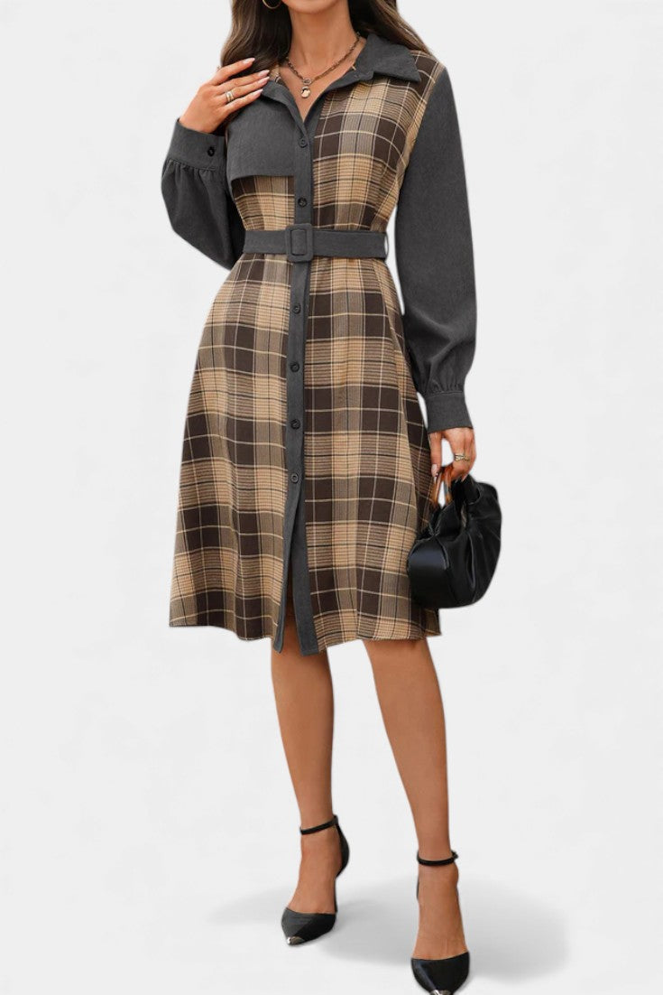 Naïla Checkered Shirt Dress with Belt - Mid-Length Style