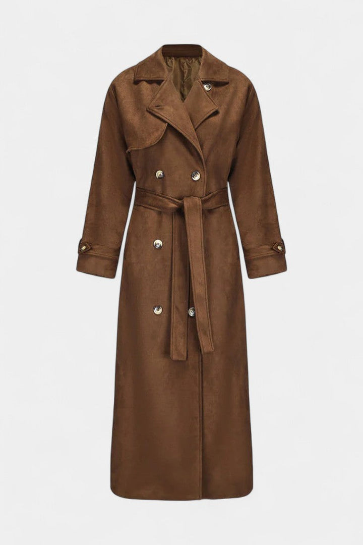 Leelie Adjustable Belt Maxi Trench Coat in Synthetic Suede