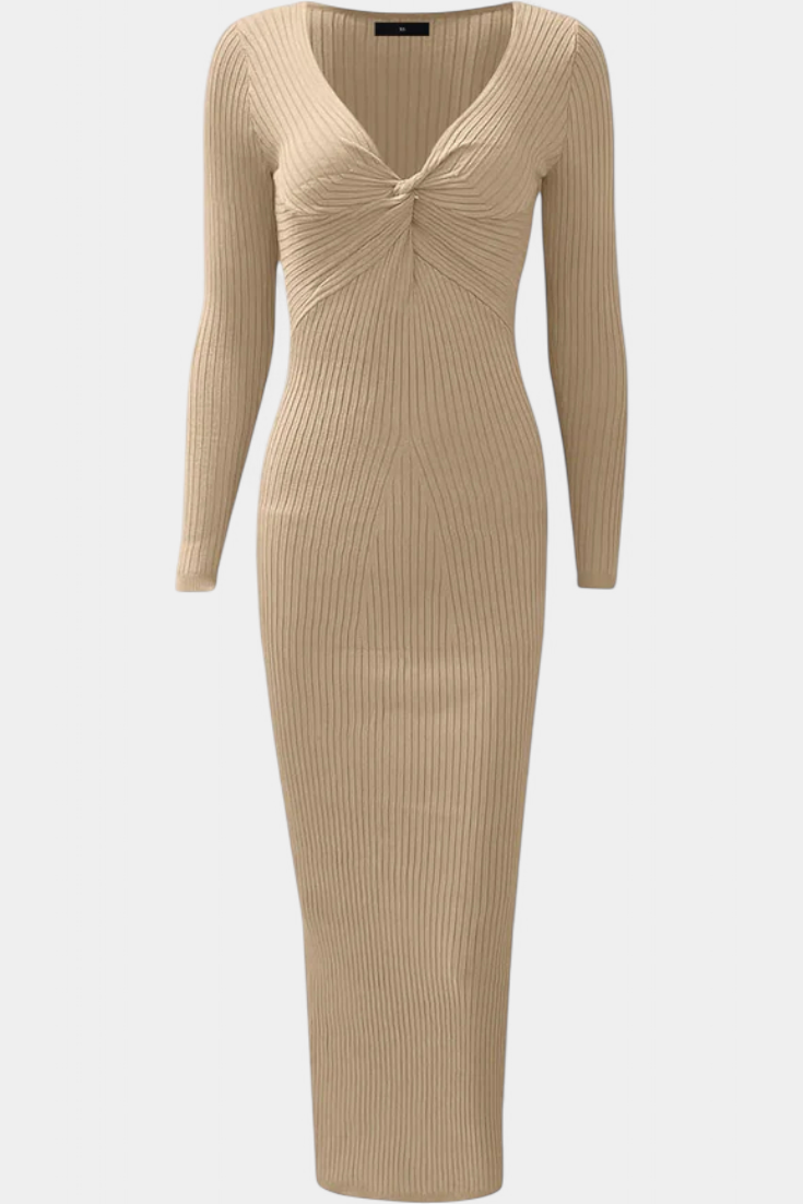 Mélusine Ruched V-Neck Long Sleeve Fitted Knit Dress