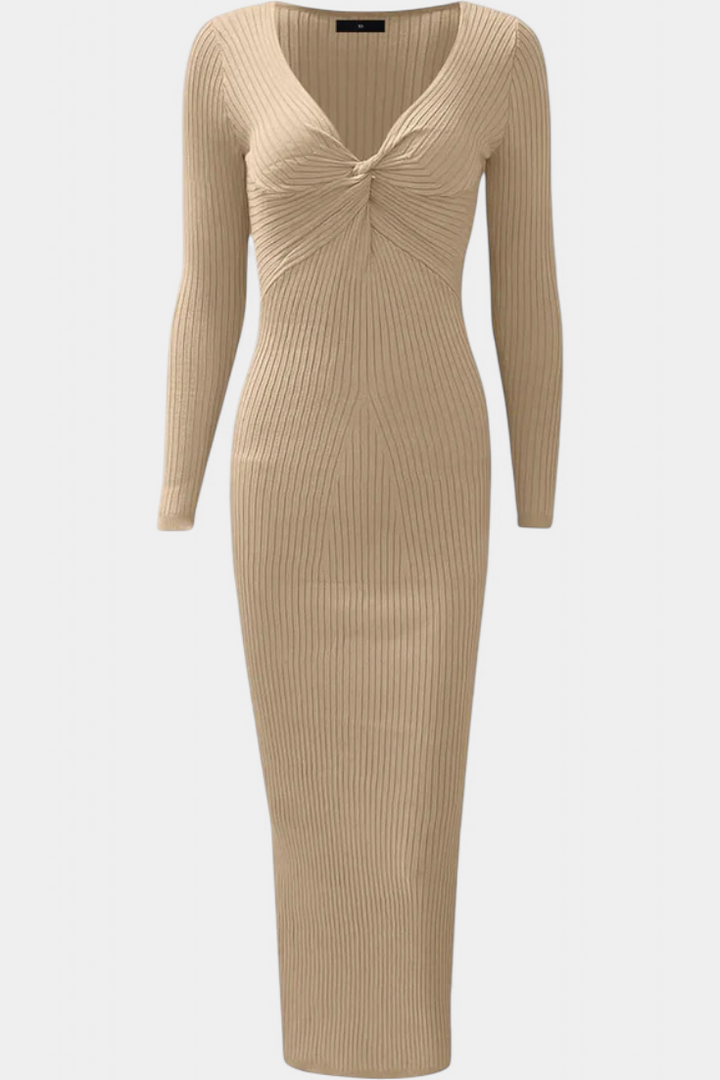 Mélusine Ruched V-Neck Long Sleeve Fitted Knit Dress