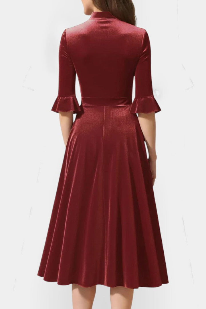 Domitille Vintage Midi Velvet Dress Featuring Ruffled Sleeves and a Chic Bow