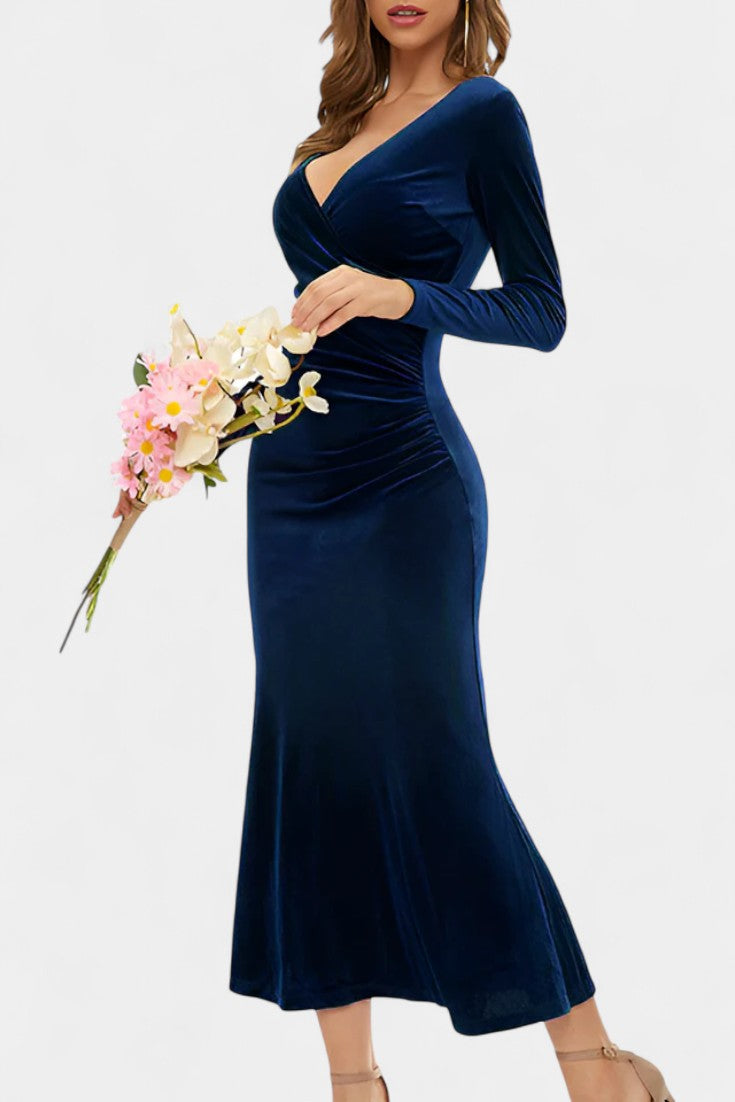 Hesperia Asymmetrical Ruching Velvet Dress with Mermaid Hem