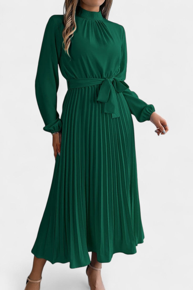 Morgane Pleated Dress Featuring a High Gathered Collar and Tied Waist