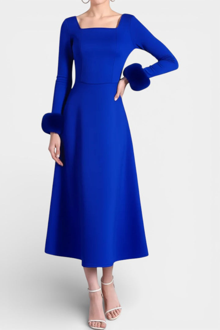 Alicia Square Neck Flared Dress with Patchwork Faux Fur Sleeves