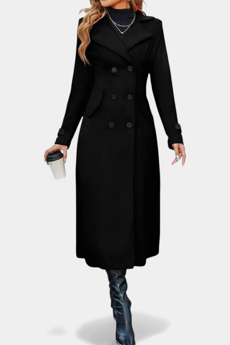 Naïssa Long Double-Breasted Coat with Notched Lapels