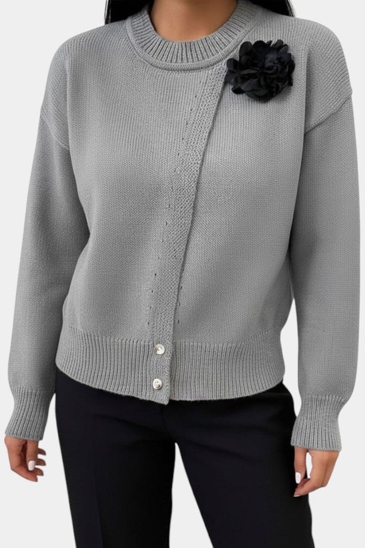 Carole Solid Color Knitted Sweater with Button Accents and Floral Embellishments