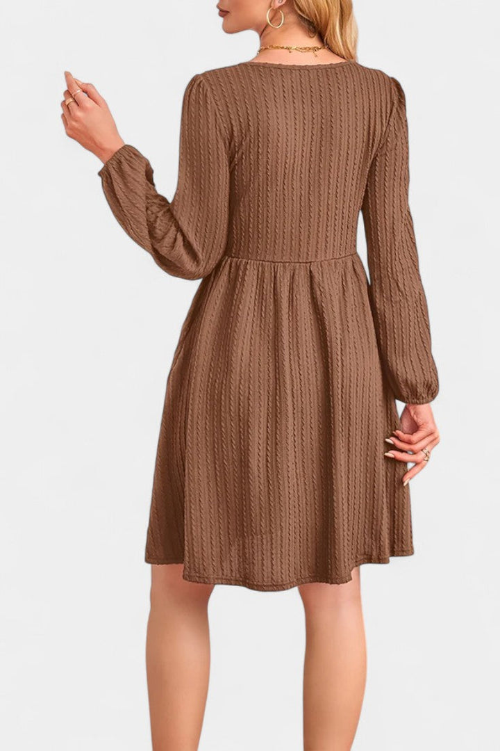 Dorothée Long Sleeve Textured Flared Dress with Round Neck