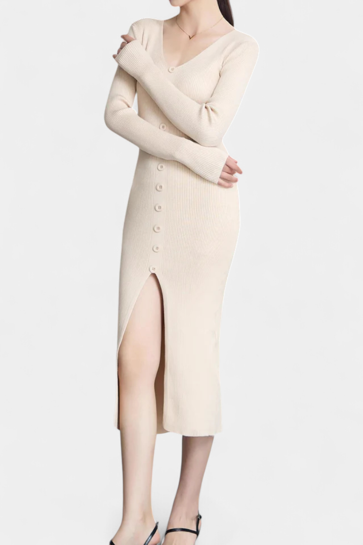 Nadège V-Neck Midi Knitted Dress with Chic Button Details
