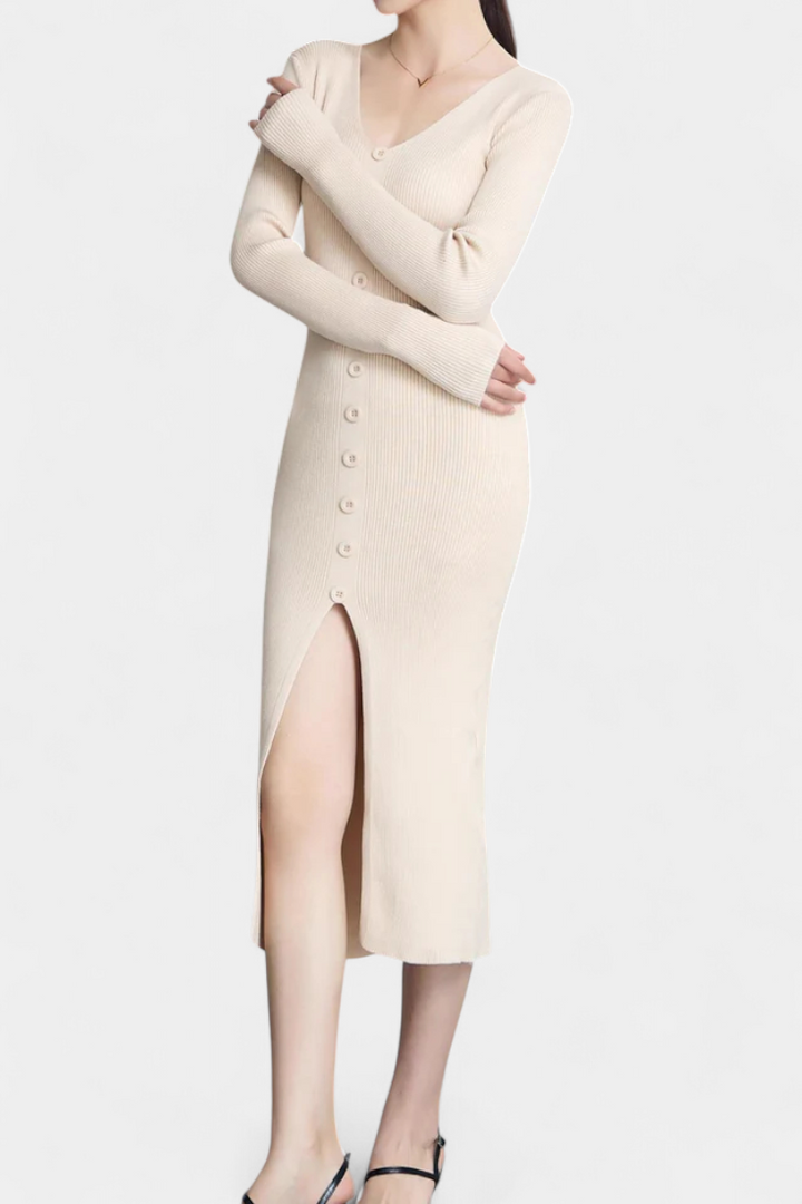 Nadège V-Neck Midi Knitted Dress with Chic Button Details
