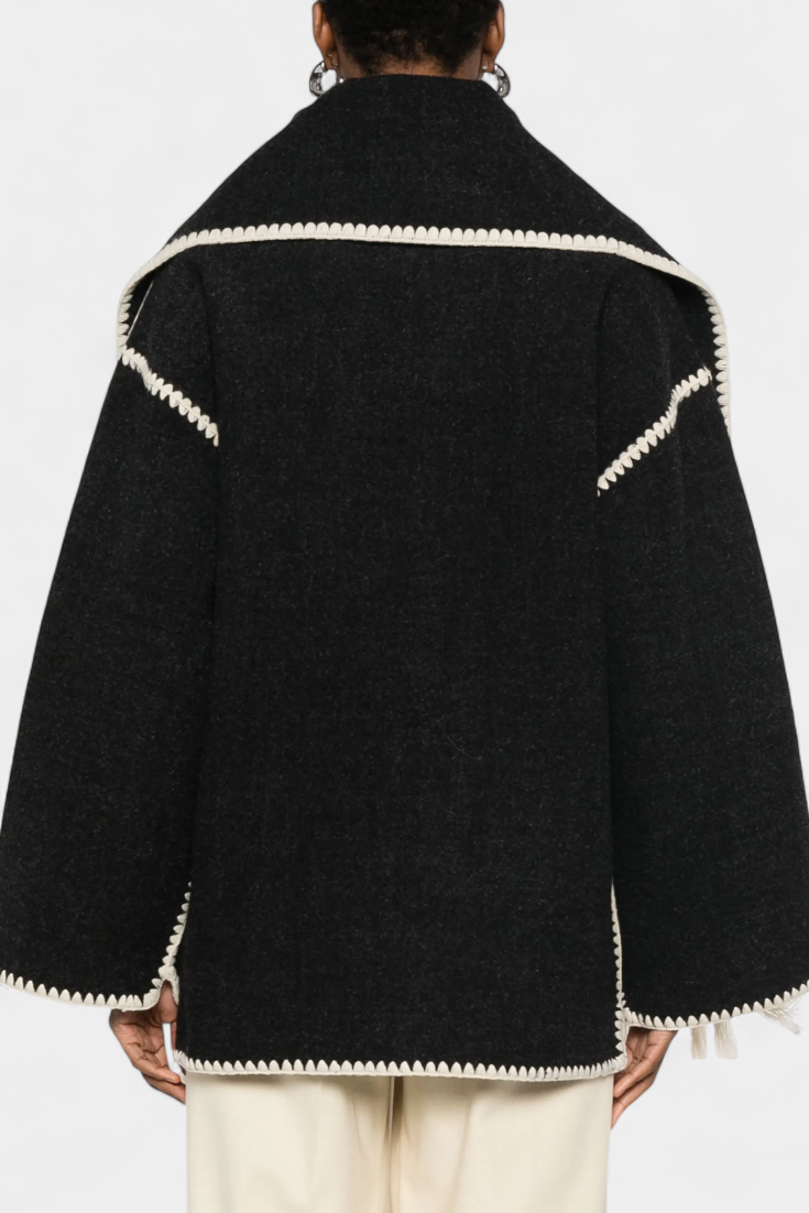 Pauline Coat Featuring Built-In Scarf and Flowing Design