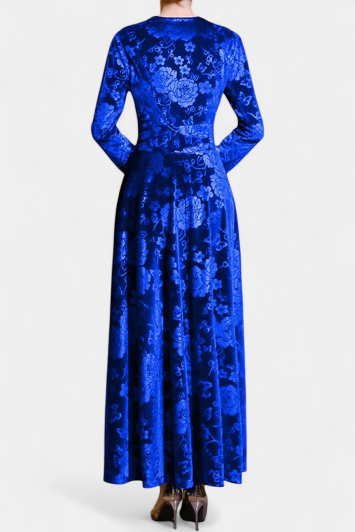 Ombeline V-Neck Long Velvet Dress with Textured Floral Design