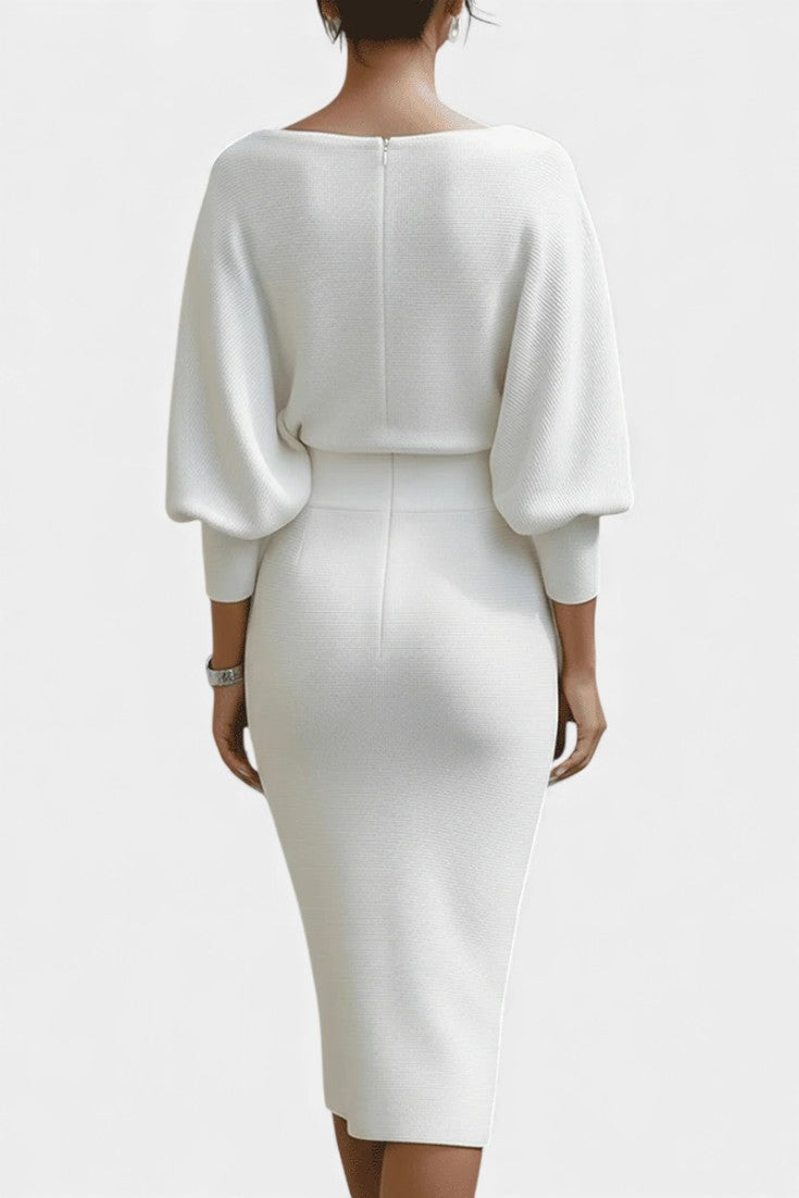 Marjolaine Midi Dress with Batwing Sleeves and Draped Design