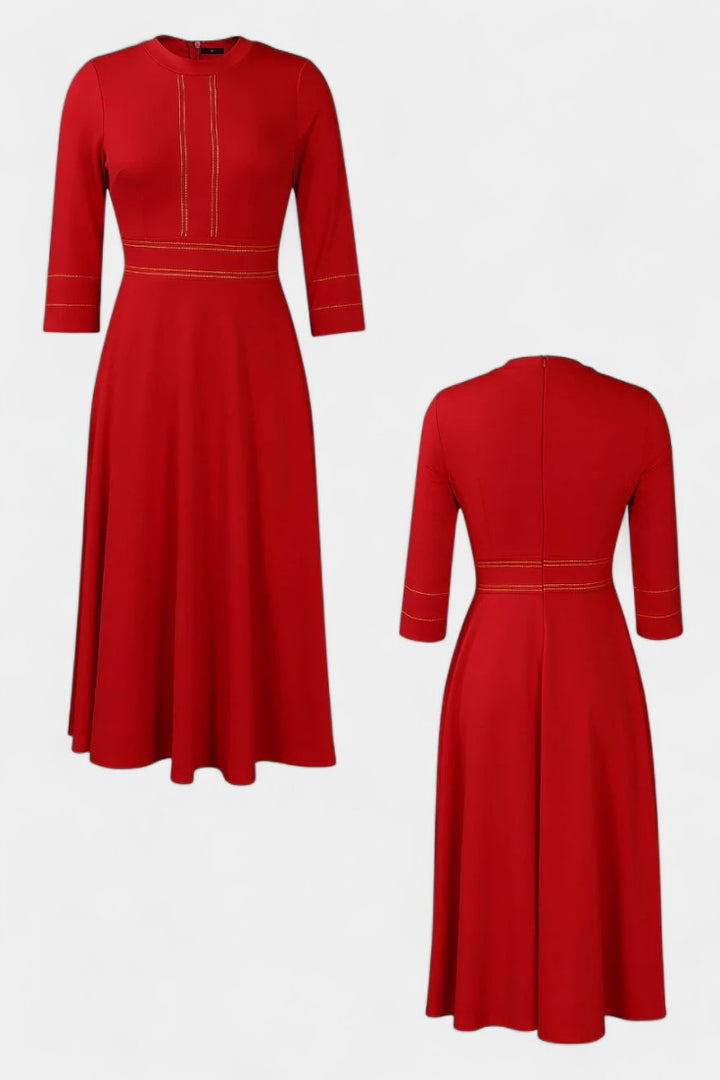 Chantal Midi Flared Dress Featuring Round Neck and 3/4 Sleeves