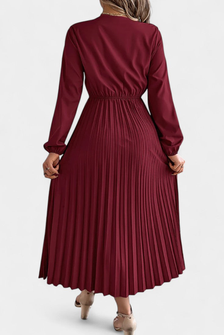 Séverine V-Neck Lace Dress with Long Puff Sleeves and Pleated Design