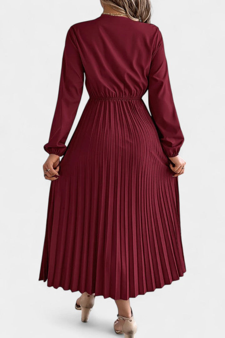 Séverine V-Neck Lace Dress with Long Puff Sleeves and Pleated Design