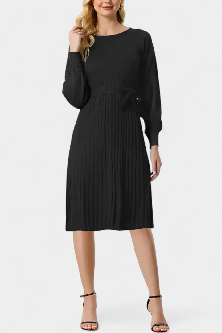 Chloéria Belted Midi Dress with Pleats and Ribbed Knit