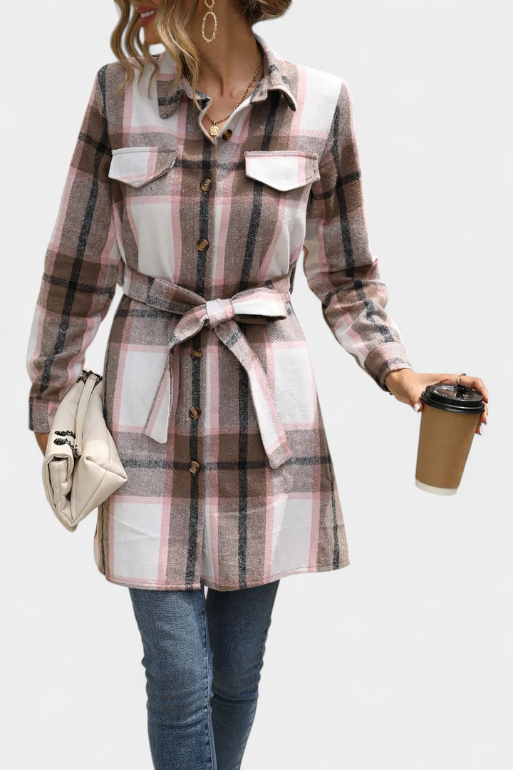 Masia Adjustable Belt Mini Check Shirt Dress