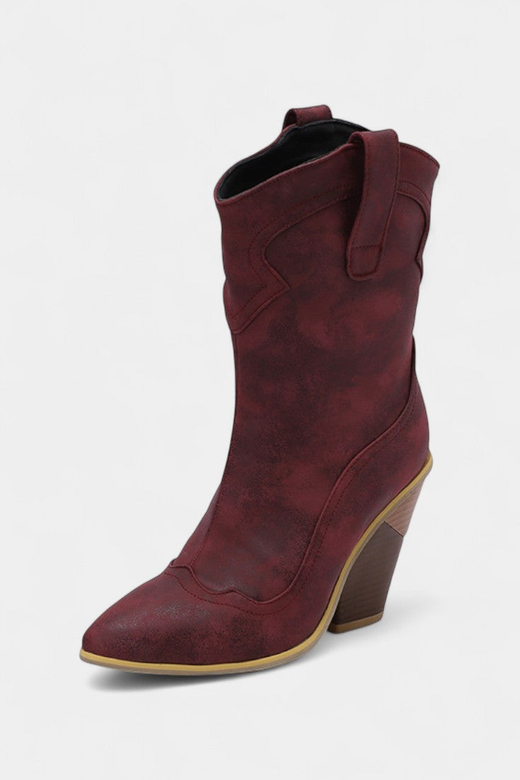 Pointed Toe Soft Leather Western Ankle Boot with Block Heel
