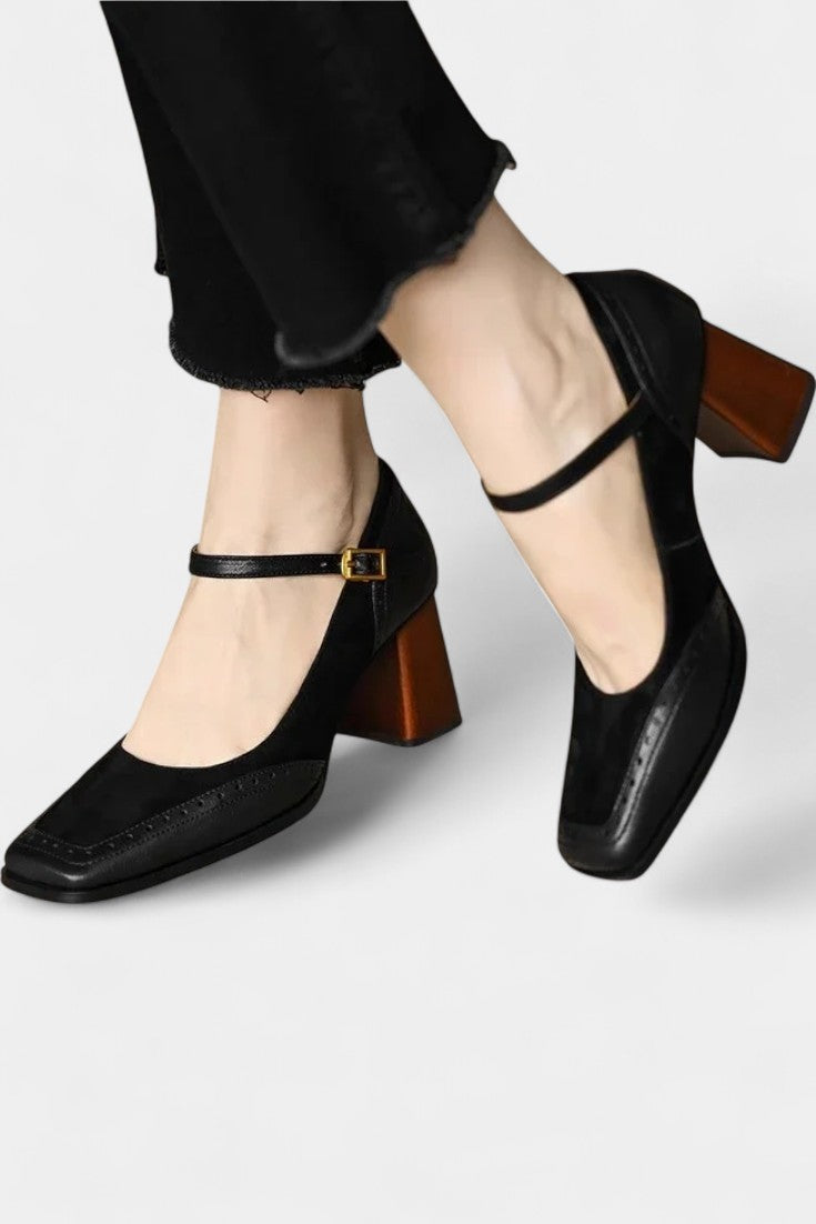 Florence Mary Janes with Square Toe and Chic Brogue Accents