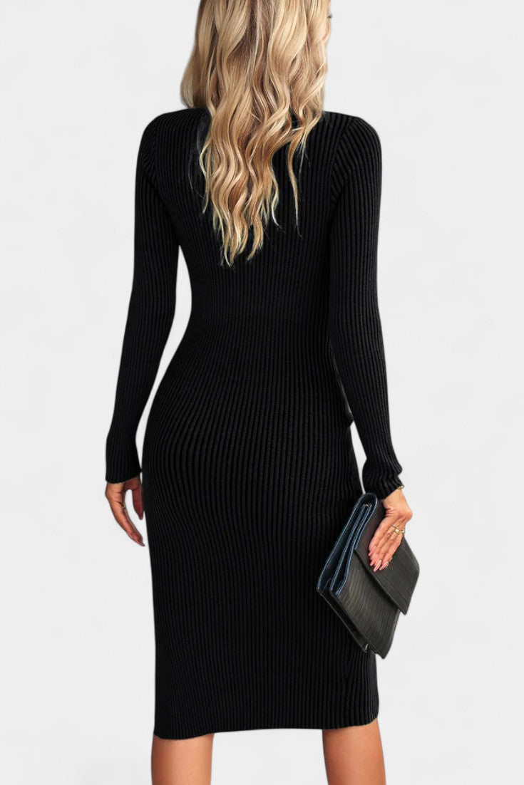 Élarine Fitted Ribbed Midi Sweater Dress with Side Slit