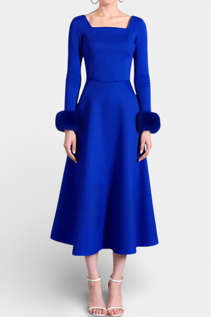 Alicia Square Neck Flared Dress with Patchwork Faux Fur Sleeves