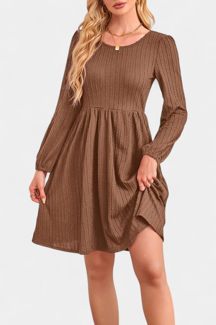 Dorothée Textured Flared Dress featuring Round Neck and Long Sleeves
