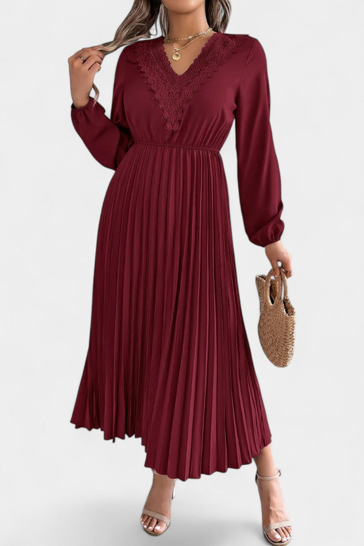 Séverine V-Neck Lace Dress with Long Puff Sleeves and Pleated Design