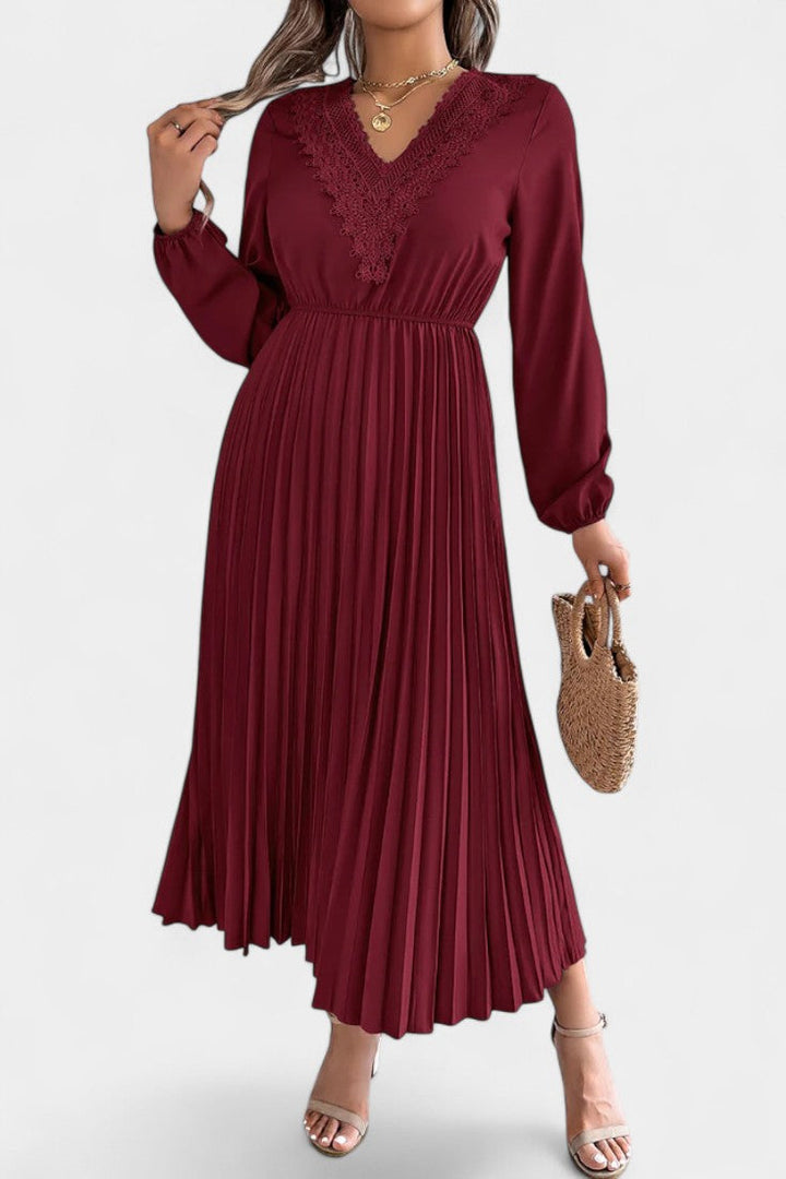 Séverine V-Neck Lace Dress with Long Puff Sleeves and Pleated Design