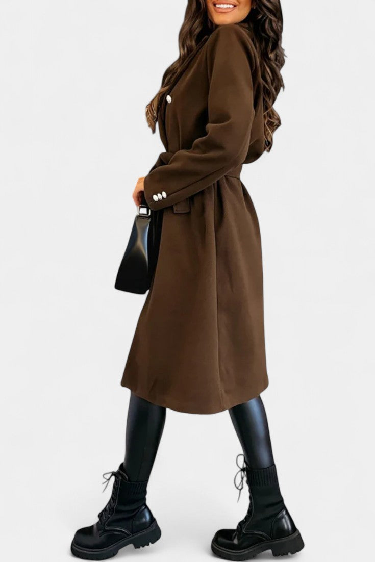 Miguelle Double-Breasted Coat Featuring a Tie Belt