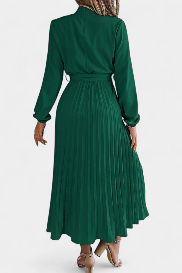 Morgane Pleated Dress featuring a High Ruffled Collar and Tied Waist