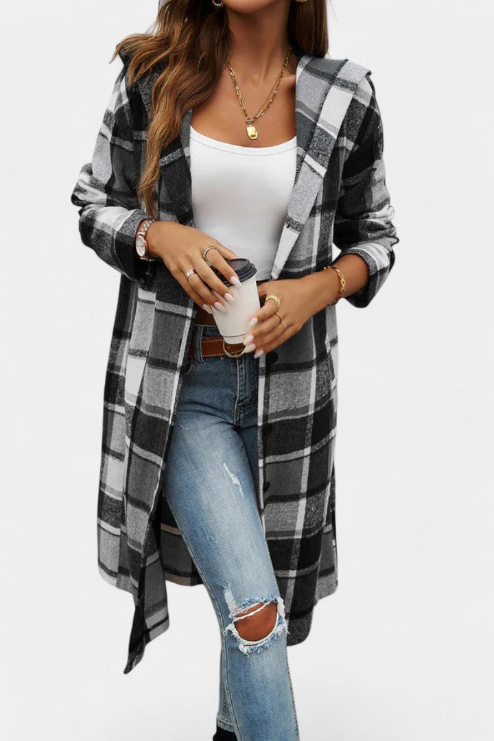 Sandrine Hooded Jacket with Button Closure in Brushed Check Design