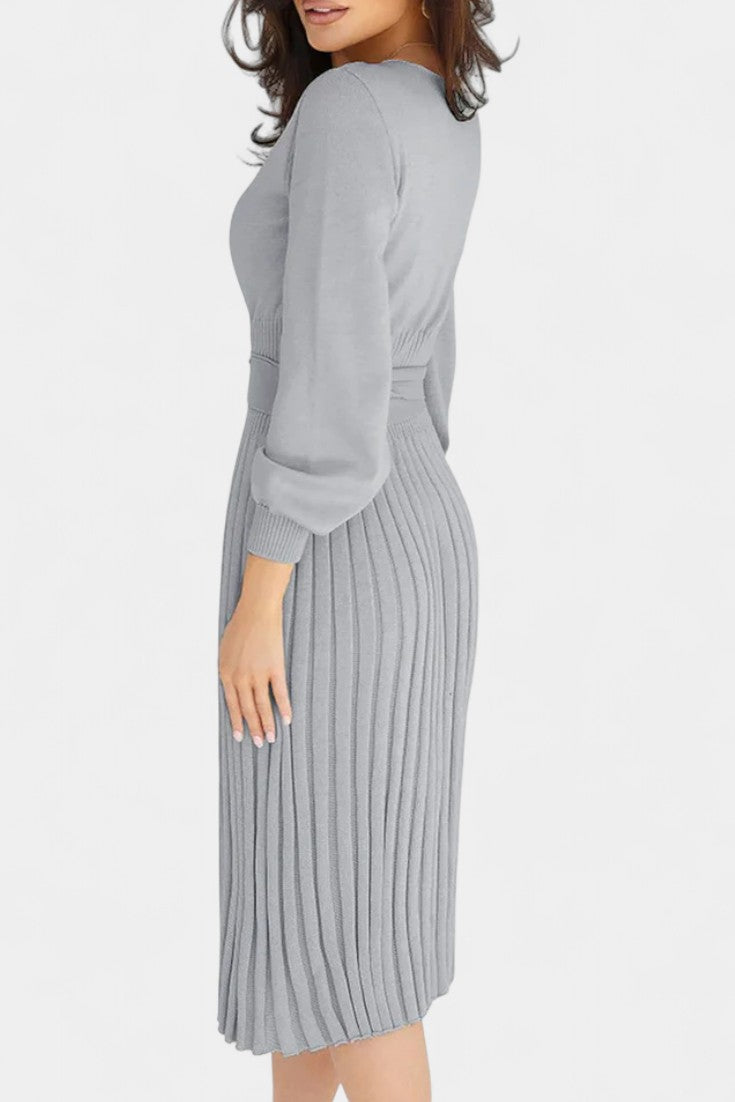 Chloéria Belted Midi Dress with Pleats and Ribbed Knit