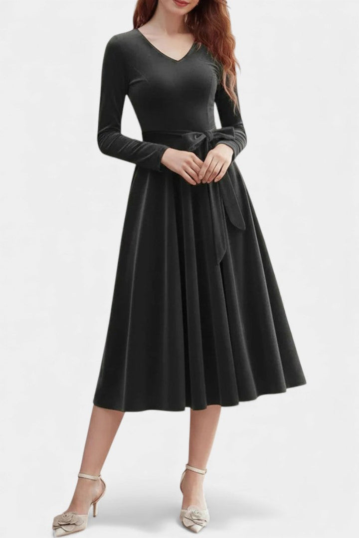 Almena V-Neck Midi Velvet Dress - Elegant and Perfect for Festive Occasions