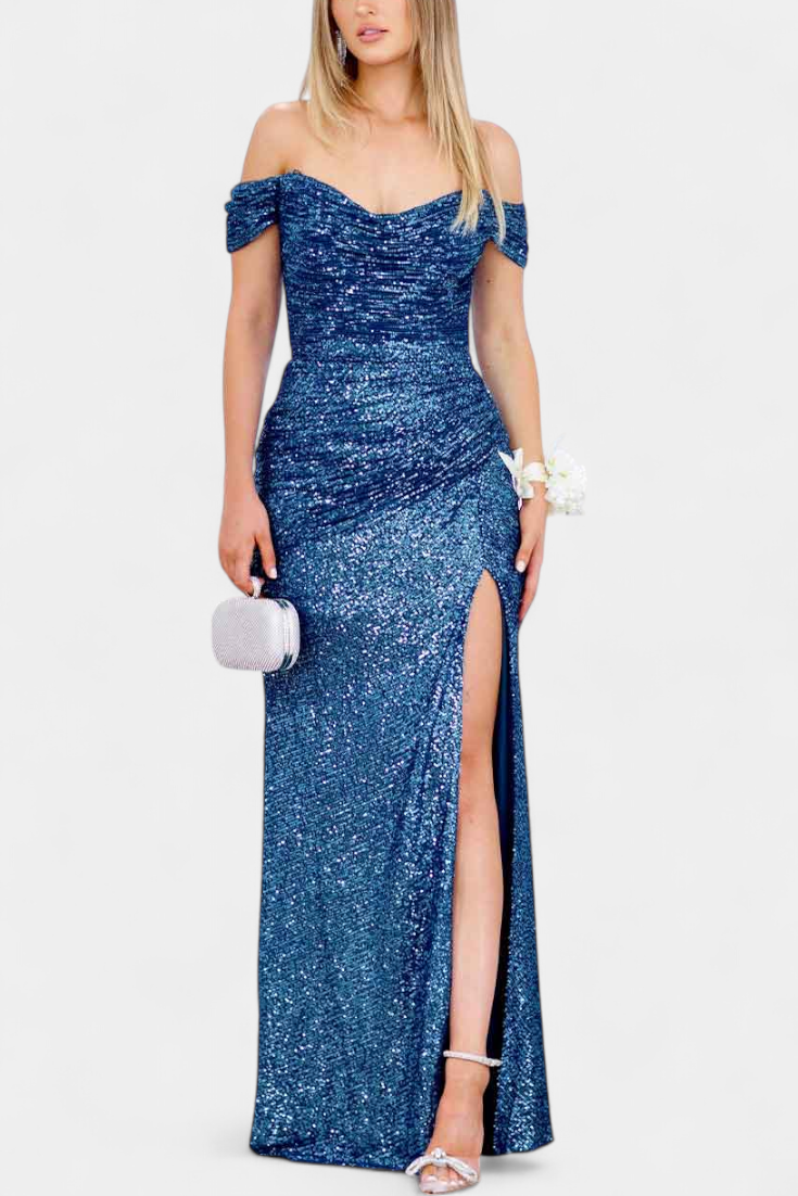 Off-Shoulder Mermaid Dress by Ariel with Ruched Corset and High Slit