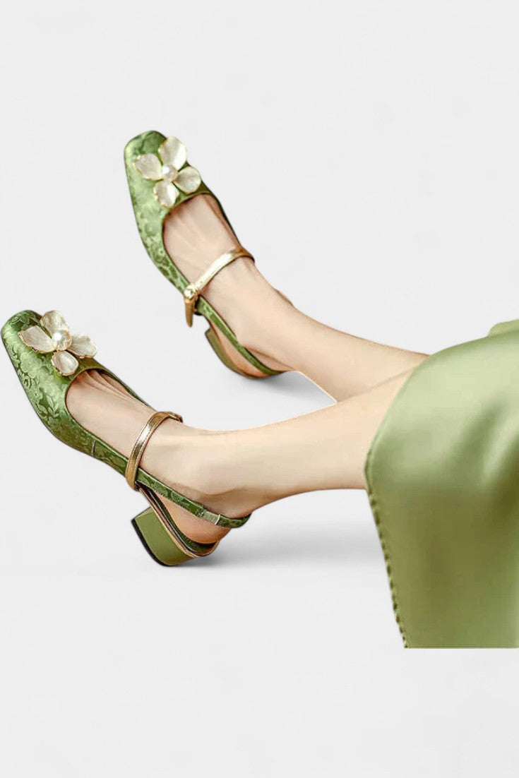 Eloise Textured Jacquard Mary Janes with Floral Accents and Medium Block Heel