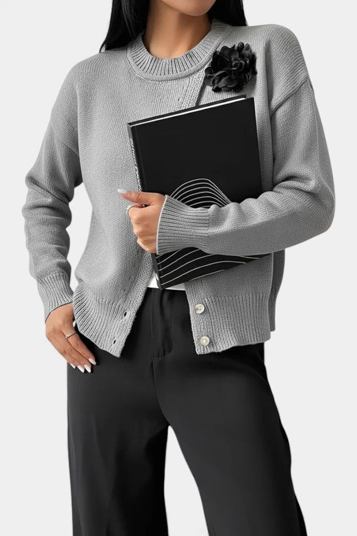 Carole Solid Color Knitted Sweater with Button Accents and Floral Embellishments