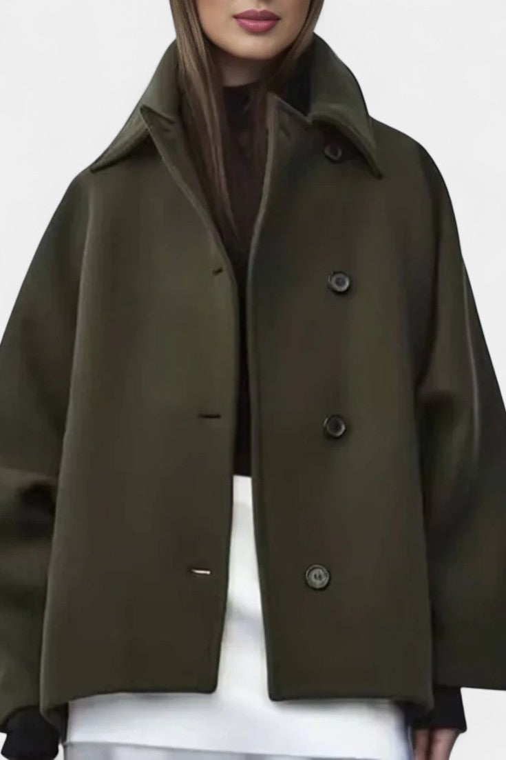 Ambreline Wool Coat with Notched Collar and Mid-Length Batwing Sleeves