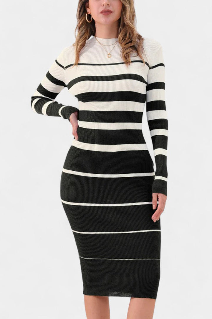 Azelyne Striped Knit Midi Dress with Bodycon Fit