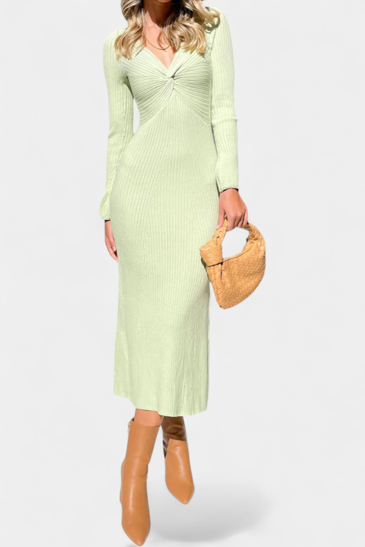 Mélusine Ruched V-Neck Long Sleeve Fitted Knit Dress