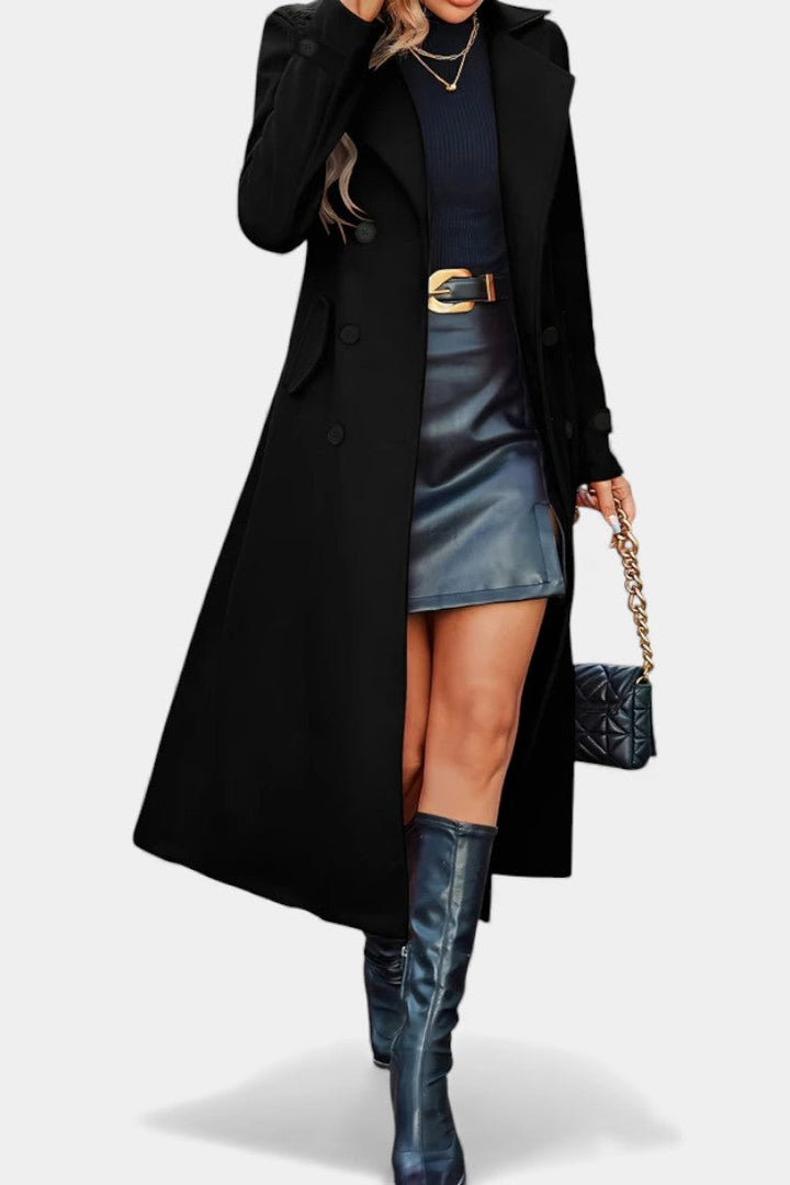 Naïssa Long Double-Breasted Coat with Notched Lapels